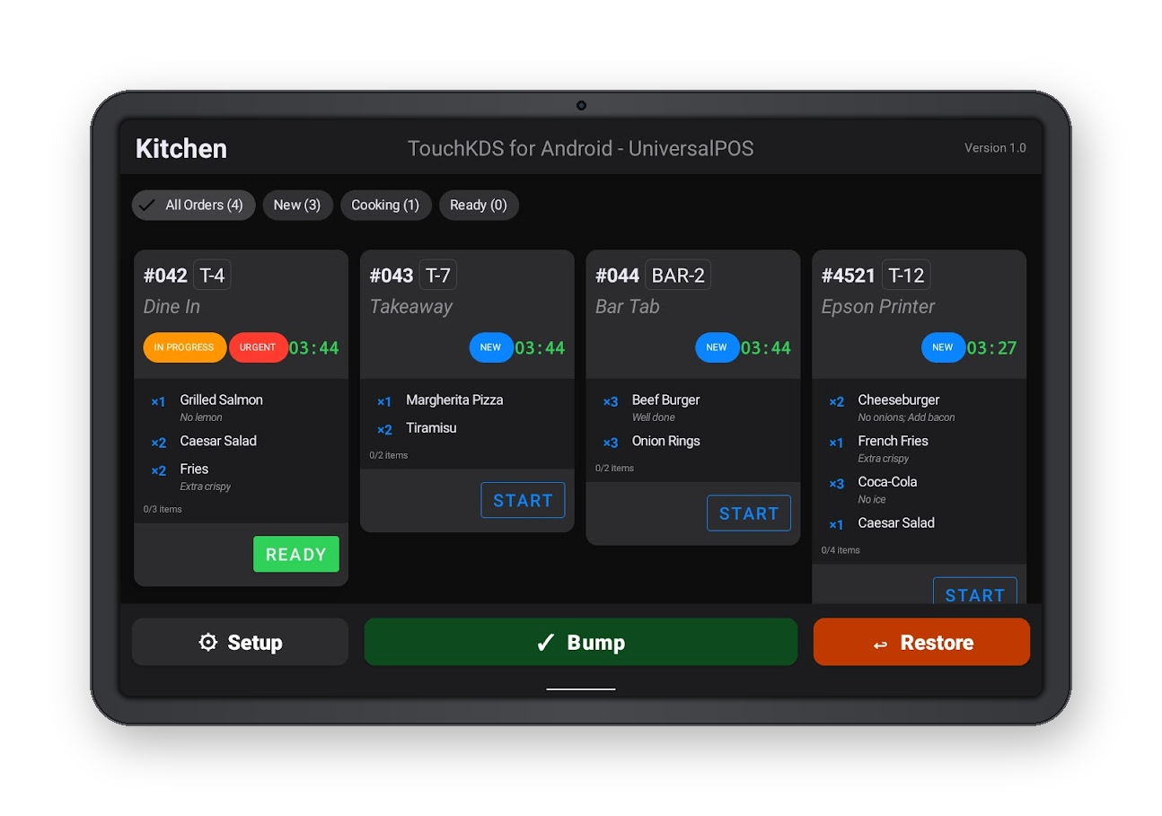 TouchKDS kitchen display system showing live order tickets on a touchscreen tablet